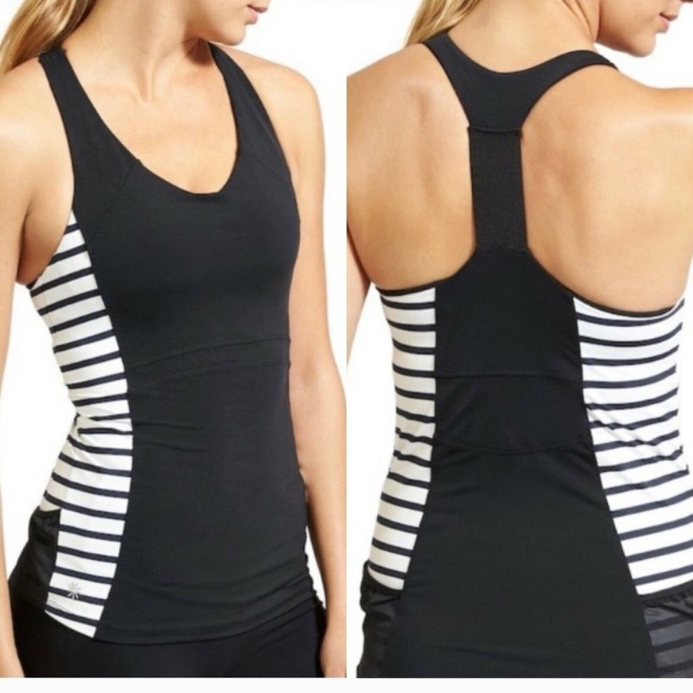 Athleta Black/White Stripe Ace Racerback Tank Top Built In Bra Stretch Size XXS